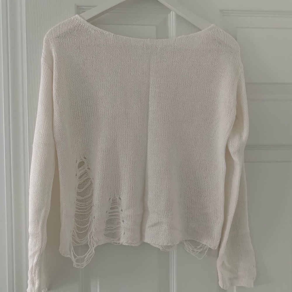 White distressed soft knit wide neck sweater